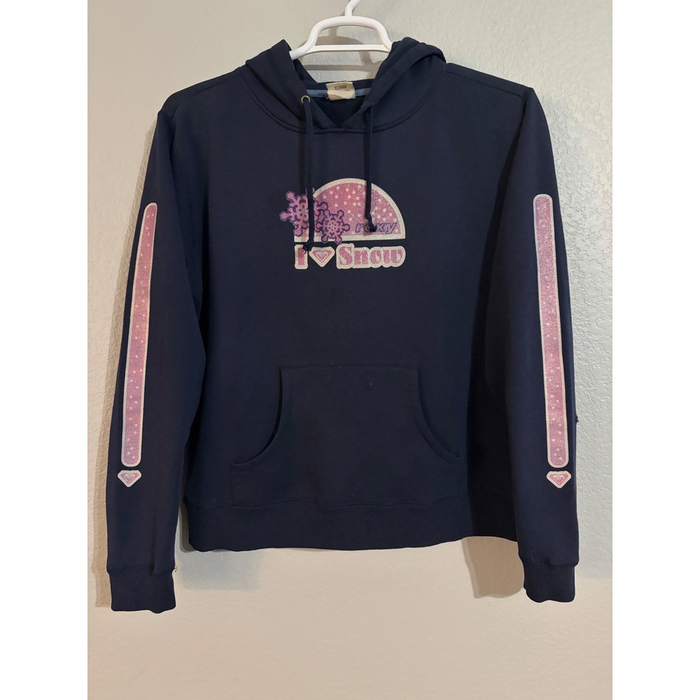 Vintage Y2K Roxy Quiksilver Navy Blue I Heart Snow Glitter Hoodie women's Large